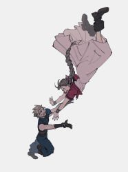 Rule 34 | 1boy, 1girl, aerith gainsborough, armor, belt, blonde hair, blue pants, blue shirt, boots, braid, braided ponytail, brown hair, catching, cloud strife, cropped jacket, dress, final fantasy, final fantasy vii, final fantasy vii remake, full body, gloves, hair ribbon, highres, jacket, long dress, long hair, multiple belts, multiple bracelets, oimo (oimkimn), open mouth, outstretched arms, pants, pink dress, red jacket, ribbon, shirt, short hair, shoulder armor, smile, spiked hair, square enix, suspenders, sweatdrop, white background