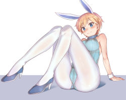 Rule 34 | 10s, 1girl, adapted costume, animal ears, arm support, armband, ass, bare shoulders, blonde hair, blue eyes, blush, bodysuit, brave witches, breasts, cameltoe, closed mouth, collar, fake animal ears, full body, high heels, knees up, konnyaku (kk-monmon), large breasts, leotard, nikka edvardine katajainen, pantyhose, playboy bunny, rabbit ears, short hair, simple background, sitting, smile, solo, white background, white pantyhose, world witches series