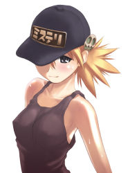 Rule 34 | 00s, 1girl, bare shoulders, baseball cap, blonde hair, blue eyes, blush, breasts, from above, hat, non-web source, perky breasts, sasamori karin, solo, sweat, tank top, to heart (series), to heart 2, translated, twintails