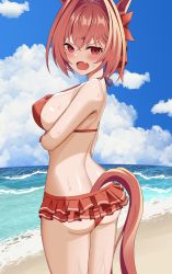 Rule 34 | 1girl, absurdres, alternate hair length, alternate hairstyle, animal ears, arm under breasts, ass, beach, bikini, blue sky, blush, bow, breasts, brown hair, cloud, commentary request, daiwa scarlet (trifle vacation) (umamusume), daiwa scarlet (umamusume), day, fang, frilled bikini, frills, hair between eyes, hair bow, hair intakes, highres, horizon, horse ears, horse girl, horse tail, large breasts, looking at viewer, looking to the side, newon, ocean, open mouth, outdoors, red bikini, red bow, red eyes, sand, short hair, sky, solo, sweat, swimsuit, tail, umamusume, v-shaped eyebrows, water