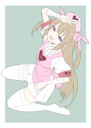 Rule 34 | 1girl, absurdres, apron, bad id, bad twitter id, bandages, donguri suzume, fang, from above, full body, green background, hair ornament, hat, heart, highres, kneeling, light brown hair, long hair, looking at viewer, natori sana, no shoes, nurse cap, open mouth, pink apron, pink hat, puffy short sleeves, puffy sleeves, rabbit hair ornament, red eyes, sana channel, shirt, short sleeves, simple background, sitting, sketch, skin fang, skirt, smile, solo, thighhighs, two side up, virtual youtuber, white shirt, white skirt, zettai ryouiki