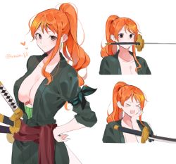Rule 34 | 1girl, bandaged arm, bandages, breasts, cleavage, cosplay, earrings, jewelry, joman, large breasts, long hair, multiple views, nami (one piece), no bra, one piece, orange eyes, orange hair, ponytail, roronoa zoro, roronoa zoro (cosplay), sequential, sword, weapon