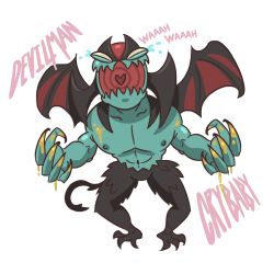 Rule 34 | absurdres, blood, blood on hands, claws, colored skin, copyright name, crying, demon, demon boy, demon tail, demon wings, devilman, devilman (character), devilman crybaby, dripping, english text, flying teardrops, fudou akira, green skin, head wings, highres, james choo, nipples, no pupils, open mouth, sharp teeth, simple background, solo, tail, tears, teeth, white background, wings, yellow eyes