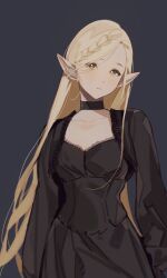 Rule 34 | 1girl, absurdres, black choker, black dress, blonde hair, braid, choker, closed mouth, dress, dungeon meshi, elf, frilled dress, frills, grey background, hair behind ear, head tilt, highres, long hair, looking at viewer, marcille donato, marcille donato (lord), pointy ears, simple background, solo, standing, straight-on, upper body, very long hair, yellow eyes, yi shin jian