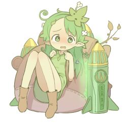 Rule 34 | 1girl, acorn, backpack, bag, boots, brown bag, brown footwear, flower, full body, furrowed brow, glue, green shirt, hair flower, hair ornament, highres, holding strap, humanization, knees to chest, korok, leaf hair ornament, looking at viewer, mask, mask on head, nintendo, orenji (orenjipiiru), outline, pointy ears, rocket, shirt, simple background, solo, speech bubble, tearing up, the legend of zelda, the legend of zelda: tears of the kingdom, thighs, twig, wavy mouth, zonai device