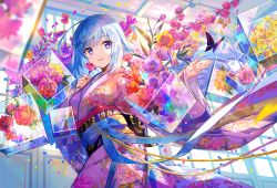 Rule 34 | 1girl, blue hair, emori miku, eyebrows, flower, fuzichoco, holding, holding flower, japanese clothes, kimono, long hair, looking at viewer, purple eyes, smile, standing