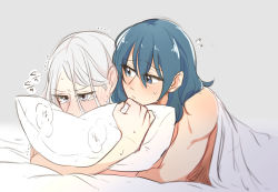 2girls, bangs, bare shoulders, bed sheet, blanket, blue eyes, blue hair, blush, byleth (fire emblem), byleth (fire emblem) (female), commentary request, ear blush, edelgard von hresvelg, embarrassed, eyebrows visible through hair, eyes visible through hair, fire emblem, fire emblem: three houses, grey background, grey eyes, hair between eyes, hug, hug from behind, long hair, looking at another, lying, multiple girls, nintendo, nose blush, on stomach, pillow, pillow hug, riromomo, simple background, sweat, tearing up, translation request, white hair, yuri