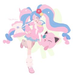 Rule 34 | 1girl, ;d, blue hair, blue skirt, collared shirt, commentary, creatures (company), crossover, ealin, eyelashes, fairy miku (project voltage), flower, game freak, gen 1 pokemon, hair flower, hair ornament, hand up, hatsune miku, highres, jigglypuff, leg up, long hair, loose socks, nail polish, nintendo, one eye closed, open mouth, pink footwear, pink hair, pink sweater, pokemon, pokemon (creature), project voltage, red flower, scrunchie, shirt, shoes, skirt, smile, socks, sweater, translated, twintails, vocaloid, white bag, white shirt, wrist scrunchie