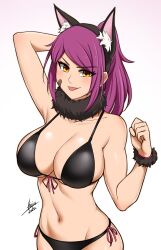 Rule 34 | 1girl, :p, absurdres, airisubaka, animal ear fluff, animal ears, arm behind head, arm up, artist name, bare arms, bare shoulders, bikini, black bikini, black hairband, breasts, cat ears, collarbone, commentary, eyes visible through hair, fake animal ears, front-tie bikini top, front-tie top, gradient background, groin, hairband, highres, large breasts, leah (airisubaka), looking at viewer, navel, orange eyes, original, pink background, ponytail, purple hair, side-tie bikini bottom, signature, simple background, solo, stomach, swimsuit, symbol-only commentary, tongue, tongue out, v-shaped eyebrows, white background