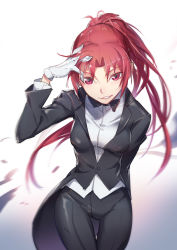 Rule 34 | 10s, 1girl, absurdres, bow, bowtie, breasts, fang, formal, gloves, hand in own hair, highres, long hair, mahou shoujo madoka magica, mahou shoujo madoka magica (anime), pg (pgouwoderen), ponytail, red eyes, red hair, sakura kyoko, sketch, solo, suit, teeth, white background, white gloves
