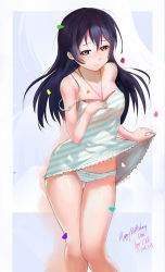 Rule 34 | 10s, 1girl, bare shoulders, bikini, bikini top only, birthday, blue hair, blush, breasts, brown eyes, clothes lift, dated, dress, dress lift, half-closed eyes, halterneck, happy birthday, highres, lifting own clothes, long hair, looking at viewer, love live!, love live! school idol project, panties, smile, solo, sonoda umi, standing, striped clothes, striped dress, striped panties, swimsuit, tentencall, underwear, yellow eyes