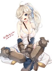 Rule 34 | 1girl, 218, ;d, armor, bare shoulders, between breasts, blue bow, blue eyes, blush, boots, bow, breasts, brown footwear, brown gloves, cleavage, commentary request, crossed ankles, cucouroux (granblue fantasy), dated, gloves, granblue fantasy, greaves, hair bow, head tilt, large breasts, light brown hair, long hair, looking at viewer, one eye closed, open mouth, ponytail, see-through, shirt, sitting, smile, solo, strap between breasts, striped, striped bow, sweat, tank top, twitter username, wet, wet clothes, white shirt
