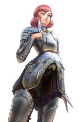 Rule 34 | 1girl, absurdres, anne (ousama ranking), armor, bad id, bad twitter id, belt, belt buckle, buckle, closed mouth, commentary, cowboy shot, english commentary, facial scar, highres, holding, holding knife, holding weapon, knife, knight, leg armor, ousama ranking, plate armor, pointy nose, red eyes, red hair, scar, scar on cheek, scar on face, shoulder armor, simple background, solo, wass nonnam, weapon, white background