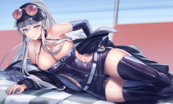 Rule 34 | 1girl, artist name, azur lane, boots, breasts, collarbone, cuboon, elbow gloves, enterprise (azur lane), enterprise (wind catcher) (azur lane), eyewear on head, eyewear on headwear, gloves, hand on own hip, hat, large breasts, latex, latex gloves, latex legwear, long bangs, long hair, looking at viewer, lying, on side, panties, ponytail, purple eyes, race queen, revealing clothes, signature, silver hair, solo, sunglasses, thigh boots, thighhighs, thighs, twitter username, underwear