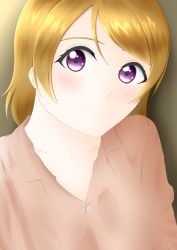 Rule 34 | 1girl, absurdres, artist name, artist request, blush, breasts, brown hair, buttons, close-up, collarbone, collared shirt, female focus, hair between eyes, highres, koizumi hanayo, long sleeves, looking at viewer, love live!, love live! school idol project, parted lips, pink shirt, purple eyes, shirt, short hair, small breasts, smile, solo