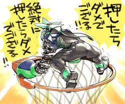 Rule 34 | 1boy, arms (game), ass, basketball hoop, bodysuit, buff (arms), chain, from behind, full body, green hair, grey background, male focus, nekobayashi (nekoforest), ninja, ninjara (arms), ponytail, short hair, simple background, solo, translation request