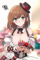 Rule 34 | 1girl, bare shoulders, black hat, blurry, blurry background, blush, box, braid, breasts, charlotte corday (fate), charlotte corday (midnight tension) (fate), cleavage, closed mouth, corset, dress, fate/grand order, fate (series), flower, frills, gift, gift box, green eyes, hair between eyes, hat, hat flower, heart-shaped box, holding, holding gift, large breasts, looking at viewer, short hair, side braid, solo, squiggle, top hat, tsuezu, valentine, white dress, wrist cuffs