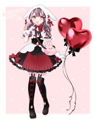 Rule 34 | 1girl, animal ears, bag, balloon, black footwear, black legwear, black ribbon, rabbit, commission, commissioner upload, dress, gloves, heart, heart balloon, highres, holding, holding balloon, hood, ichi (ichimano), indie virtual youtuber, long hair, looking at viewer, multicolored clothes, multicolored dress, rabbit ears, red eyes, red ribbon, ribbon, simple background, skeb commission, smile, solo, uchamochi mochi, virtual youtuber, white gloves, white hood