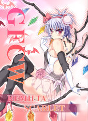 Rule 34 | 1girl, :d, armpits, ass, bat wings, black thighhighs, blush, breasts, bun cover, character name, covered erect nipples, crossed legs, elbow gloves, fang, fang out, gloves, high heels, hisui (stapspats), looking at viewer, open mouth, purple hair, red eyes, remilia scarlet, short hair, small breasts, smile, solo, thighhighs, toned, tongue, tongue out, touhou, tsurime, wings, wrestling outfit