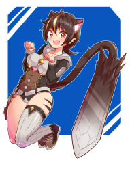 Rule 34 | 1girl, animal ears, animal print, bell, black footwear, black panties, black shirt, blue background, body markings, brown eyes, cat ears, cat girl, cat tail, commentary, cougar (cougar1404), cross-laced footwear, cut cat, fang, grey thighhighs, hood, hood down, hooded shirt, jingle bell, jumping, kua (cougar1404), legs up, looking at viewer, multicolored hair, no pants, open mouth, orange hair, panties, paw pose, pouch, prototype design, shirt, shoes, short hair, single thighhigh, smile, solo, streaked hair, sword, tail, thighhighs, tiger print, underwear, weapon