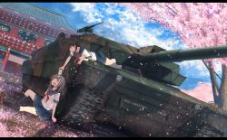 Rule 34 | 2girls, black socks, blue eyes, blue skirt, blush, brown hair, building, can, cherry blossoms, closed eyes, collarbone, dutch angle, grey hair, gun, highres, holding, holding can, japan steel works 120, karo-chan, kneehighs, letterboxed, loafers, lying, machine gun, military, military vehicle, motor vehicle, multiple girls, on ground, on stomach, open mouth, original, outdoors, outstretched arm, petals, pleated skirt, school uniform, serafuku, shirt, shoes, short sleeves, sitting, skirt, socks, tank, type 10 (tank), vehicle, weapon