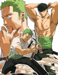 Rule 34 | 1boy, armpits, bandana, bara, black pants, blood, blood on face, dual wielding, earrings, gentle2nd, green hair, highres, holding, injury, jewelry, male focus, muscular, muscular male, one piece, pants, pectorals, roronoa zoro, sanpaku, scar, scar on chest, shirt, short hair, signature, smile, sword, topless male, weapon, white shirt