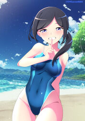 Rule 34 | 1girl, absurdres, beach, birthday, blue one-piece swimsuit, blue sky, blush, breasts, cloud, cloudy sky, competition swimsuit, covered navel, day, forest, happy birthday, healin&#039; good precure, highleg, highleg swimsuit, highres, long hair, looking at viewer, medium breasts, mountain, multicolored clothes, multicolored swimsuit, nature, ocean, on kazu, one-piece swimsuit, precure, sawaizumi chiyu, scrunchie, sky, smile, solo, swimsuit, tree, two-tone swimsuit, water