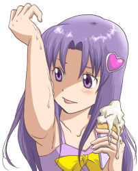 Rule 34 | 10s, 1girl, armpits, blush, food, hair ornament, happinesscharge precure!, heart, heart hair ornament, hikawa iona, ice cream, ice cream cone, long hair, melting, pkppuri, precure, purple eyes, purple hair, simple background, solo, tongue, tongue out, white background
