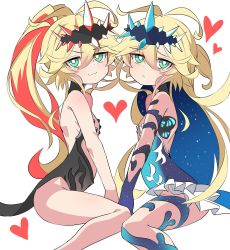 Rule 34 | 2girls, :&lt;, black dress, blonde hair, blue hair, blue leotard, breasts, bright pupils, closed mouth, colored inner hair, commentary, commission, copyright request, dress, english commentary, flat chest, from side, green eyes, heart, highres, inukaze yamu, jitome, leotard, long hair, looking at viewer, multicolored hair, multiple girls, ponytail, red hair, simple background, sitting, small breasts, smile, starry sky print, two-tone hair, very long hair, vivi (ac8231), wariza, white background, white pupils