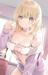 Rule 34 | 1girl, 6u (eternal land), bare shoulders, blonde hair, blue eyes, bra, breasts, choker, claw pose, cleavage, cleavage cutout, clothing cutout, collarbone, dutch angle, frilled bra, frills, grin, hair ornament, indoors, jacket, looking at viewer, medium breasts, nail polish, navel, off shoulder, original, purple jacket, short hair, smile, solo, underwear, white bra