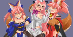 Rule 34 | 3girls, angry, animal ears, animal hands, bell, black legwear, blush, blush stickers, breasts, choker, clothes pull, collar, collarbone, detached sleeves, fangs, fate/grand order, fate (series), fox ears, fox tail, glasses, gloves, grey background, hair ribbon, hat, highres, japanese clothes, jingle bell, koyanskaya (fate), koyanskaya (foreigner) (first ascension) (fate), large breasts, long hair, looking at viewer, meierufu, midriff, multiple girls, neck bell, one eye closed, open mouth, pantyhose, paw gloves, pink hair, ponytail, ribbon, ribbon choker, simple background, tail, tamamo (fate), tamamo cat (fate), tamamo cat (first ascension) (fate), tamamo no mae (fate/extra), thighhighs, very long hair, white gloves, white legwear, yellow eyes