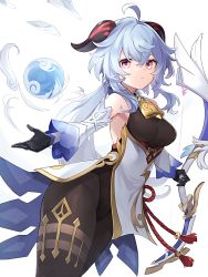 Rule 34 | 1girl, ahoge, bare shoulders, black gloves, black leotard, black pantyhose, blue hair, bow, bow (weapon), breasts, closed mouth, commentary request, curled horns, detached sleeves, dress, eyebrows hidden by hair, ganyu (genshin impact), genshin impact, gloves, hair between eyes, highres, holding, holding bow (weapon), holding weapon, horns, leotard, long hair, long sleeves, looking at viewer, medium breasts, neck bell, orb, orqz, pantyhose, pelvic curtain, red eyes, simple background, solo, very long hair, weapon, white background, white dress, white sleeves