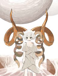 Rule 34 | 1girl, absurdres, black eyes, closed mouth, collarbone, commentary request, curled horns, dress, feet out of frame, flat chest, grey dress, highres, horizontal pupils, horns, huge horns, layered dress, looking at viewer, multiple horns, neruzou, original, outdoors, partial commentary, planet, short hair, short sleeves, slit pupils, solo, standing, white background, white hair, yellow eyes, yellow pupils