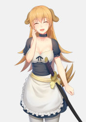 Rule 34 | 1girl, anarchojs, animal ears, apron, black skirt, blonde hair, breasts, cleavage, collar, collarbone, cowboy shot, dog ears, dog tail, closed eyes, frilled apron, frills, grey background, hair between eyes, hand on own cheek, hand on own face, head tilt, highres, long hair, maid, medium breasts, miniskirt, open mouth, pantyhose, sheath, short sleeves, simple background, skirt, smile, solo, standing, tail, todoroki yachiyo, very long hair, white apron, white pantyhose, working!!
