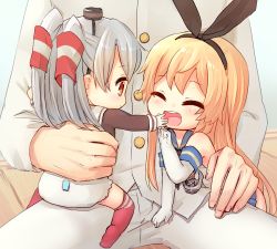 Rule 34 | 10s, 2girls, :d, ^ ^, admiral (kancolle), amatsukaze (kancolle), baby, bad id, bad pixiv id, blonde hair, blush, child, closed eyes, diaper, elbow gloves, closed eyes, gloves, hat, headband, kantai collection, multiple girls, open mouth, orange eyes, personification, sawatari (sado), shimakaze (kancolle), silver hair, smile, thighhighs, twintails, two side up, aged down