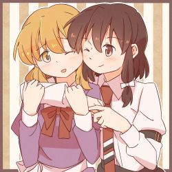 Rule 34 | 2girls, :d, arm around neck, armband, black skirt, blonde hair, bow, braid, brown hair, collared shirt, commentary request, dress, hair bow, long sleeves, maribel hearn, multiple girls, necktie, no headwear, one eye closed, open mouth, purple dress, red bow, red necktie, shirt, short hair, single braid, skirt, smile, striped, striped background, touhou, unagi sango, usami renko, white bow