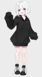 Rule 34 | 1girl, :d, absurdres, arm at side, barefoot, black footwear, blue eyes, blush, drawstring, full body, grey background, hand up, highres, hood, hood down, hoodie, looking at viewer, nemun (tamizzz), open mouth, original, shoes, short hair, simple background, sleeves past wrists, smile, solo, standing, tareme, untied footwear, v, white hair