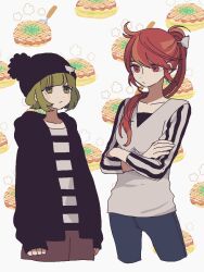 Rule 34 | 2girls, beanie, blush stickers, cropped legs, crossed arms, green eyes, hat, hood, hood down, hoodie, long sleeves, looking at another, maco22, multiple girls, original, pom pom (clothes), pom pom beanie, ponytail, red eyes, red hair, shirt, short hair, sleeves past wrists, striped clothes, striped shirt
