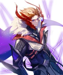 Rule 34 | 0jae, 1boy, absurdres, armor, blue eyes, cape, closed mouth, electricity, genshin impact, highres, looking at viewer, male focus, mask, orange hair, red mask, serious, simple background, solo, spiked hair, tartaglia (genshin impact), upper body, v-shaped eyebrows, watermark, white background