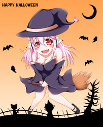 Rule 34 | 1girl, breasts, broom, broom riding, cleavage, hat, headphones, ion (artist), large breasts, long hair, looking at viewer, macaron, nitroplus, open mouth, pink hair, red eyes, smile, solo, super sonico, witch, witch hat