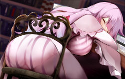 Rule 34 | 1girl, ass, blue bow, book, bookshelf, bow, breasts, chair, closed eyes, dress, efe, hair bow, highres, large breasts, long hair, long sleeves, pantylines, patchouli knowledge, purple dress, purple hair, red bow, sitting, sleeping, solo, striped clothes, striped dress, touhou, vertical-striped clothes, vertical-striped dress