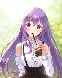 Rule 34 | 1girl, artist name, black skirt, bubble tea, center frills, clothing cutout, commentary, commentary request, cup, day, disposable cup, drinking straw, english commentary, frilled shirt, frills, hair between eyes, hand up, highres, holding, holding cup, lilia creative, long hair, looking at viewer, mixed-language commentary, open mouth, original, outdoors, purple eyes, purple hair, round teeth, shirt, shoulder cutout, skirt, solo, suspender skirt, suspenders, teeth, upper body, upper teeth only, white shirt