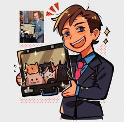 Rule 34 | 1boy, :d, animification, better call saul, breaking bad, briefcase, brown hair, cat, formal, highres, holding, holding briefcase, huyandere, kitten, male focus, open mouth, photo-referenced, photo inset, red tie, reference inset, saul goodman, smile, solo, sparkle, suit, white background