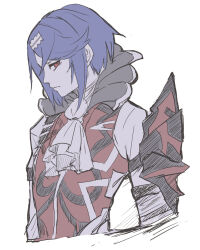 Rule 34 | 1boy, alcryst (fire emblem), armor, ascot, asymmetrical hair, blue hair, fire emblem, fire emblem engage, hair between eyes, hair ornament, hairclip, highres, looking to the side, male focus, mizss, nintendo, red eyes, short hair, shoulder armor, solo, upper body, white ascot, white background