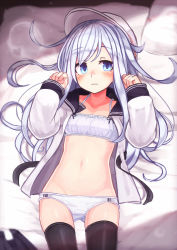 Rule 34 | 1girl, bed, bed sheet, black thighhighs, blue eyes, blush, bra, closed mouth, flat cap, hat, heart, hibiki (kancolle), highres, jacket, jewelry, kantai collection, long hair, long sleeves, lying, navel, on back, open clothes, open jacket, panties, pillow, reitou mikan, ring, silver hair, solo, thighhighs, training bra, underwear, verniy (kancolle), white bra, white hat, white panties