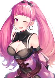 Rule 34 | 1girl, arms behind back, bad id, bad pixiv id, bare shoulders, blunt bangs, blush, breasts, cleavage, cleavage cutout, clothing cutout, commentary request, dress, earrings, female focus, fire emblem, fire emblem: three houses, hair ornament, heart, heart hair ornament, highres, hilda valentine goneril, hoop earrings, jewelry, large breasts, long hair, looking at viewer, matching hair/eyes, nintendo, one eye closed, pink dress, pink eyes, pink hair, ringozaka mariko, simple background, solo, twintails, upper body, very long hair, white background, wink