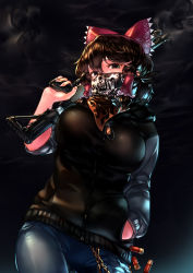 Rule 34 | 1girl, black background, black eyes, black hair, black hoodie, blue pants, bow, breasts, chain, commentary request, cookie (touhou), covered mouth, cowboy shot, dark, fingernails, flame print, hair between eyes, hair bow, hair tubes, hakurei reimu, hand in pocket, hand up, headband, highres, holding, holding weapon, hood, hooded jacket, hoodie, jacket, large breasts, long fingernails, long hair, long sleeves, looking at viewer, mask, megafaiarou (talonflame 810), mouth mask, name tag, pants, red bow, scarf, shell casing, sidelocks, simple background, smoke, solo, touhou, weapon, weapon request