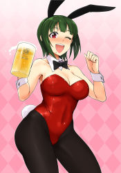 Rule 34 | 1girl, ;d, alcohol, alternate costume, animal ears, bare shoulders, beer, beer mug, blush, bow, bowtie, breasts, cleavage, clenched hand, cup, detached collar, drink, fake animal ears, female focus, green hair, happy, highres, holding, idolmaster, idolmaster (classic), large breasts, leotard, looking at viewer, md5 mismatch, mole, mole under mouth, mug, one eye closed, open mouth, otonashi kotori, pantyhose, pink background, playboy bunny, rabbit ears, rabbit tail, red eyes, short hair, smile, solo, standing, tail, tsurui, wink, wrist cuffs