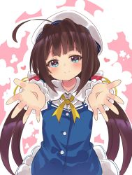 Rule 34 | 10s, 1girl, ahoge, blue eyes, brown hair, cowboy shot, foreshortening, hat, heart, heart-shaped pupils, highres, hinatsuru ai, long hair, looking at viewer, low twintails, outstretched arms, reaching, reaching towards viewer, ryuuou no oshigoto!, sailor hat, smile, solo, suzuki toto, symbol-shaped pupils, twintails, very long hair, white hat