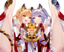 Rule 34 | 2022, 2girls, aki663, animal ears, animal hands, animal print, armpits, bai (granblue fantasy), bare shoulders, blonde hair, blush, brown eyes, detached sleeves, erune, flexible, fur trim, gloves, granblue fantasy, highres, huang (granblue fantasy), japanese clothes, kimono, kneepits, laolao (granblue fantasy), leg hold, leg lift, leg up, multiple girls, no panties, open mouth, out-of-frame censoring, paw gloves, print footwear, red eyes, siblings, silver hair, sisters, smile, split, standing, standing on one leg, standing split, stretching, tail, tiger, tiger cub, tiger ears, tiger girl, tiger paws, tiger print, tiger tail, twins, twintails, wide sleeves
